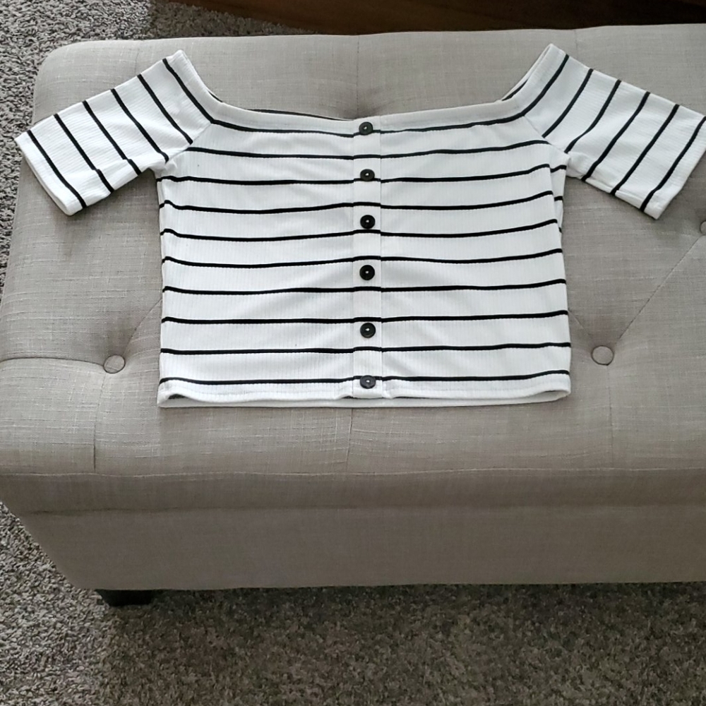 ExpressX OliviaCulpo Striped Crop Off Shoulder Top